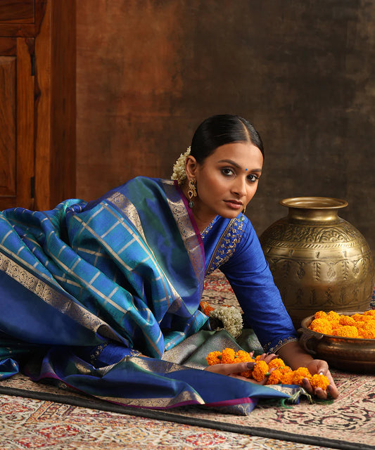 Handloom Peacock Blue Pure Silk Kanjivaram Saree With Pure Zari