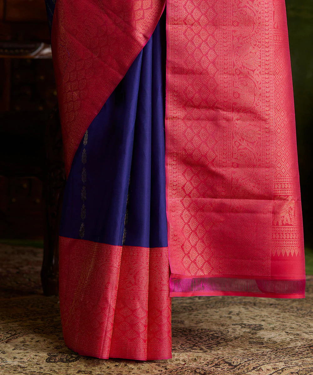 Navy Blue Handloom Pure Silk Kanjivaram Saree With Korvai Broad Border