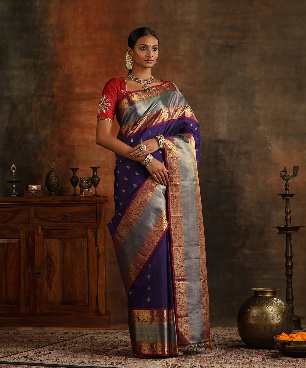 Handloom Dark Purple Pure Silk and Pure Zari Kanjivaram Saree With Wine Vanasingram Border