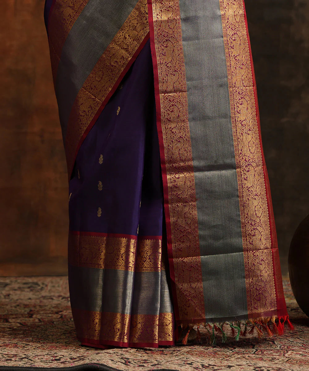 Handloom Dark Purple Pure Silk and Pure Zari Kanjivaram Saree With Wine Vanasingram Border