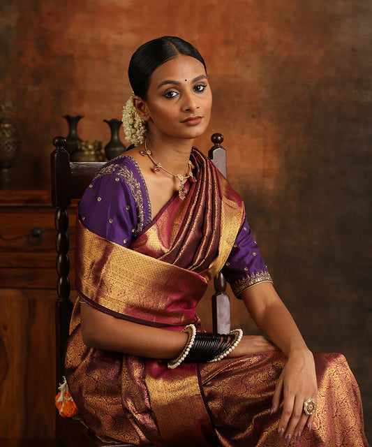 Wine Handloom Pure Silk Jacquard Weave Kanjivaram Saree With Zari